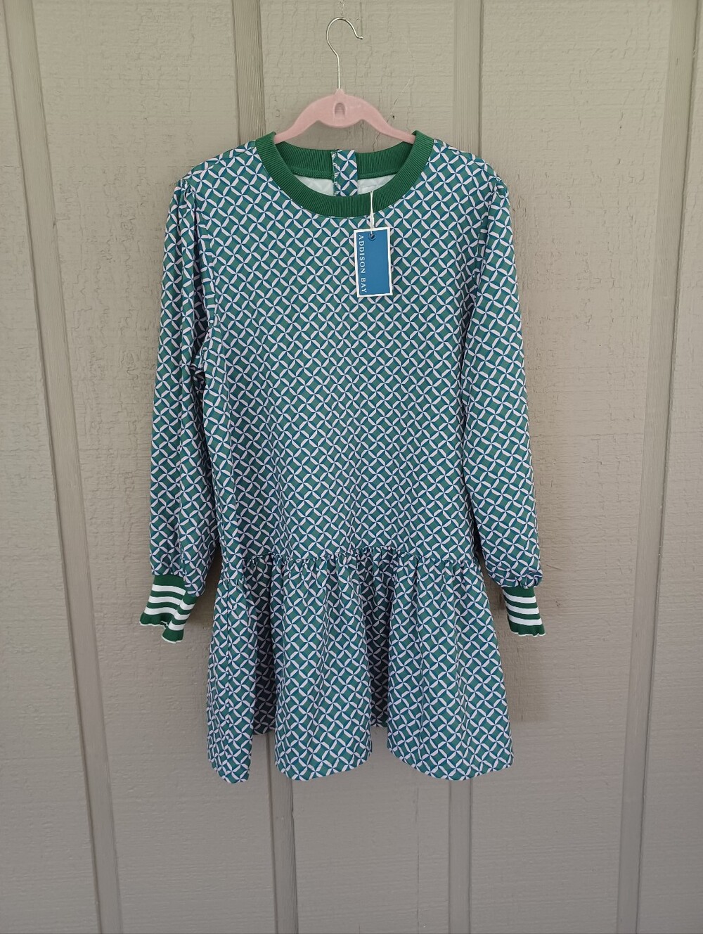 Addison Bay Vine Mini Dress Size XL Tiered Long Sleeve Preppy In Geo Trellis